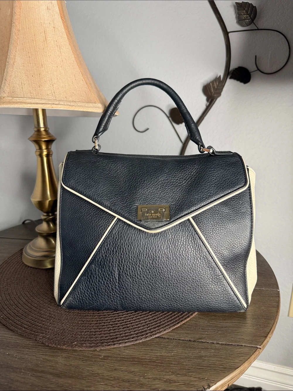 KATE SPADE Ivory & Black Colorblock Wesley Place Pebbled  Leather Handbag